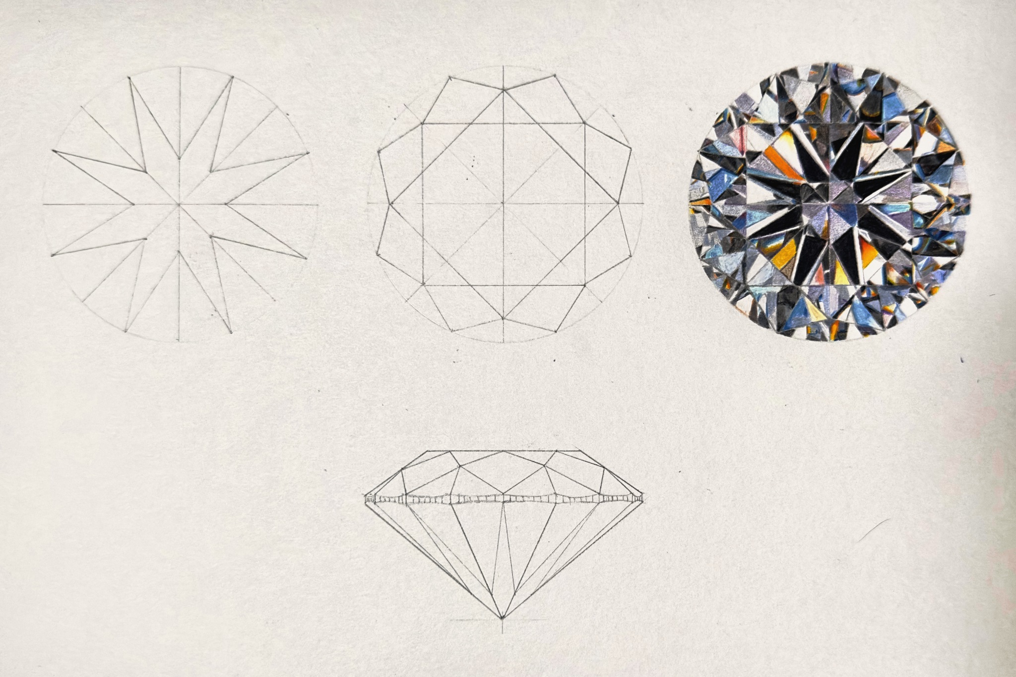 Estudio a lápiz de un diamante talla brillante redonda: el esqueleto de facetas, la geometría en planta, la vista de tabla a color y el alzado del pabellón.