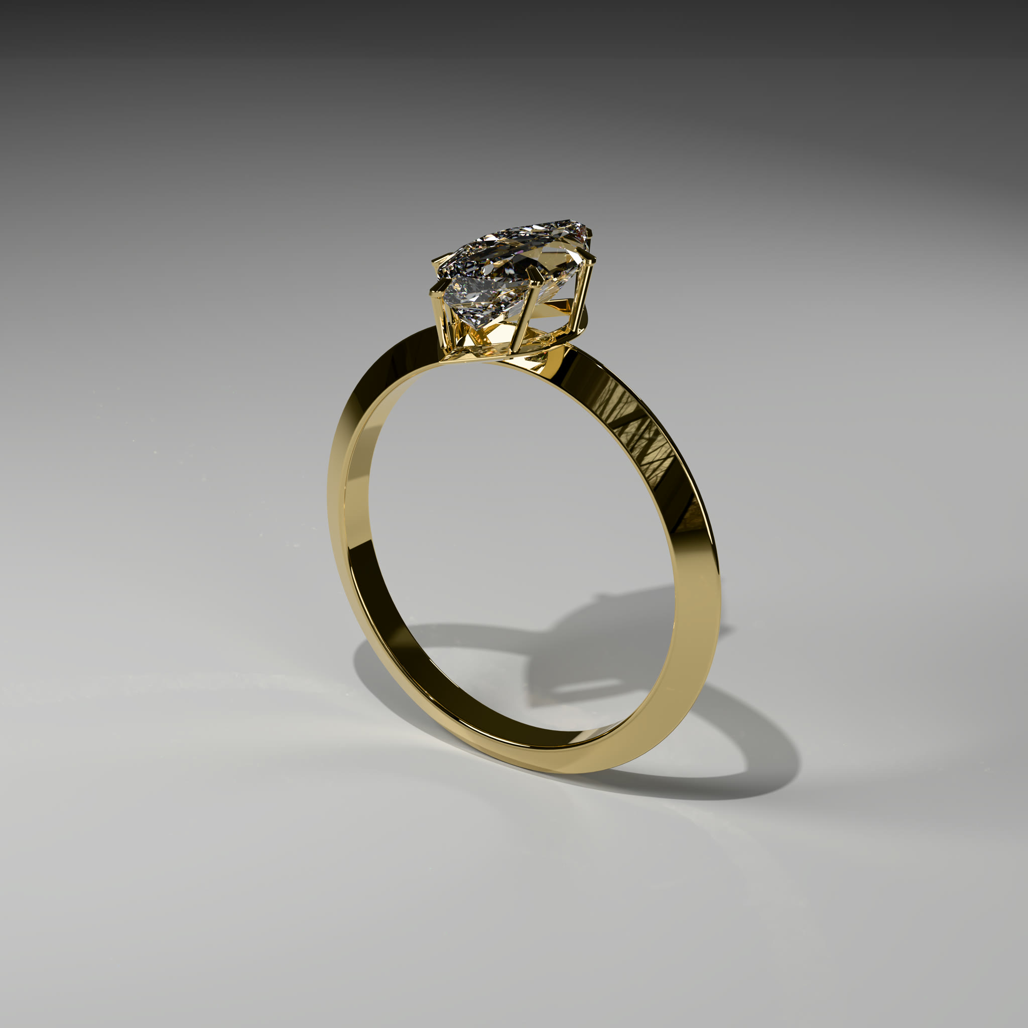 Render 3D de un anillo solitario con diamante talla marquesa montado norte-sur sobre seis garras, en oro amarillo de 18k con aro de filo.